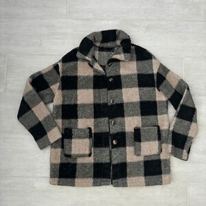 SHEIN LUNE Buffalo Plaid Pattern Drop Shoulder Teddy Coat Pink Black Fuzzy Small